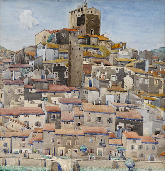 'Boultenère,' a watercolor of 1925-27 by the Glasgow School artist and designer Charles Rennie Mackintosh, which is expected to be a highlight of Lyon & Turnbull's sale of the collection of Donald and Eleanor Taffner in Edinburgh in September, where it is estimated at £80,000-120,000 ($127,000-$190,000). Image courtesy of Lyon & Turnbull.
